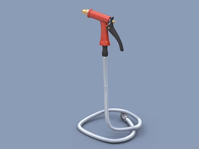 Industrial Spray Gun Equipment With Red Handle And Silver Flexible Hose 3d model