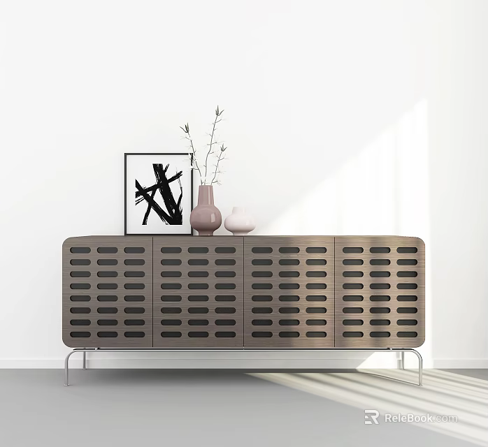 Modern Entryway Console Table With Perforated Front Metal Legs Abstract Art And Vase Decor 3d model 