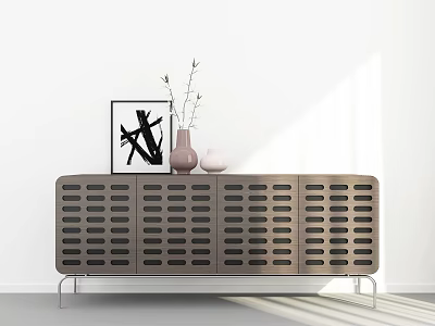 Modern Entryway Console Table With Perforated Front Metal Legs Abstract Art And Vase Decor 3d model