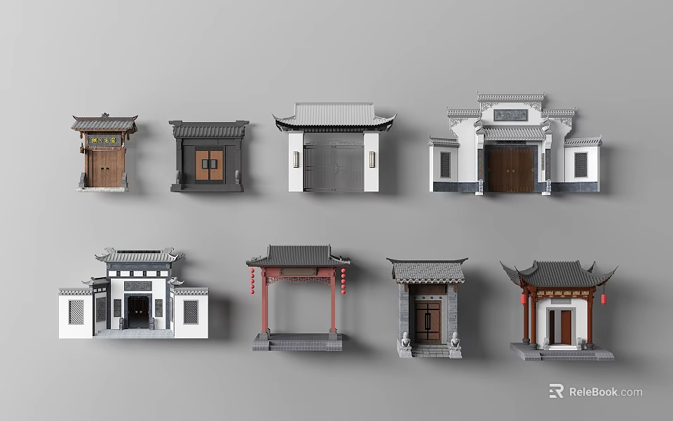 Traditional Chinese Doorway Facades In Various Styles With Classic Roof And Decorative Elements 3d model 