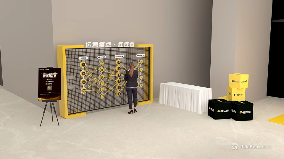 Woman Standing By Operation Center Data Dashboard Display Board With Table And Boxes 3d model