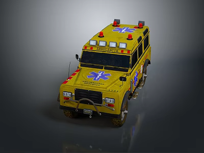 Yellow Emergency Ambulance Vehicle With Red Lights And Blue Medical Cross 3d model