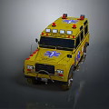 Yellow Emergency Ambulance Vehicle With Red Lights And Blue Medical Cross