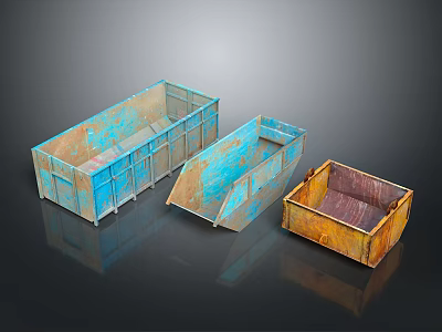 Worn Industrial Metal Containers With Blue Rusty Yellow Surfaces And Reflective Bases 3d model
