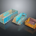 Worn Industrial Metal Containers With Blue Rusty Yellow Surfaces And Reflective Bases