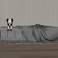 Cozy Brown Footstool with Plaid Blanket and Small Toy on Wooden Floor with Striped Wall