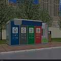 Urban Public Waste Sorting Recycling Station with Color Coded Bins in Residential Area Near Buildings