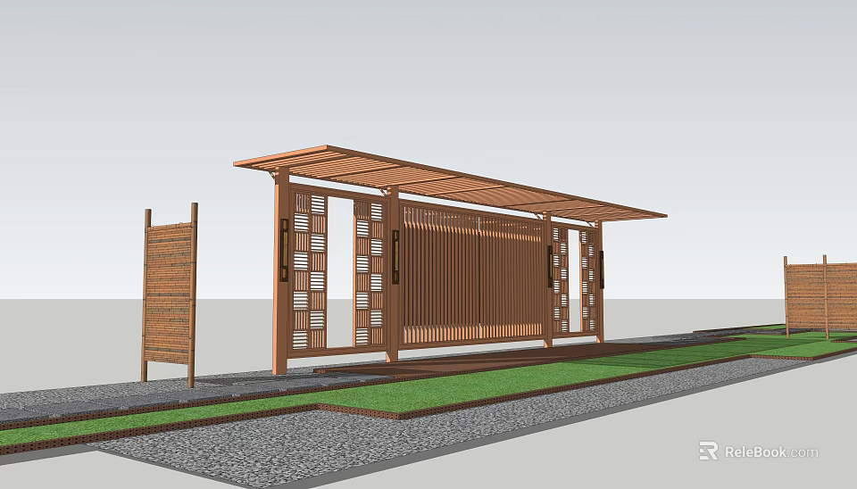 Garden Landscape Design Featuring Wooden Pergola With Screens Lawn And Stone Path 3d model 