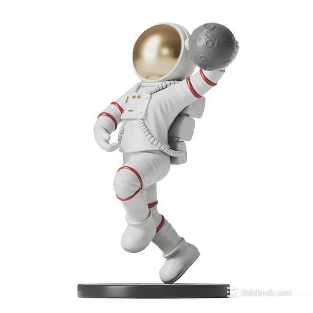 Astronaut With Gold Helmet in White Spacesuit Holding Planet Right Hand and Left Leg Lifted 3d model 