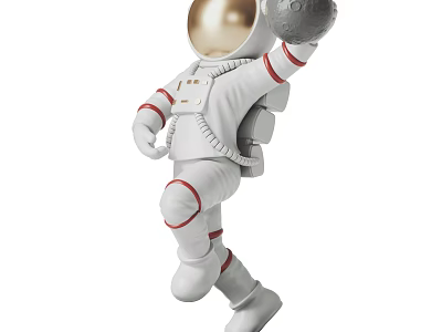 Astronaut With Gold Helmet in White Spacesuit Holding Planet Right Hand and Left Leg Lifted 3d model