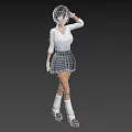 Woman With Black Short Hair Wearing White Shirt Gray Pleated Skirt And Black Shoes