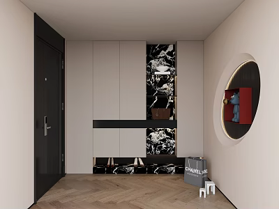 Modern Foyer Hallway With Cabinets Marble Accents And Round Niche 3d model