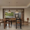 Modern Restaurant Interior With Wooden Dining Table Brown Chairs Hanging Pendant Lights And Greenery View