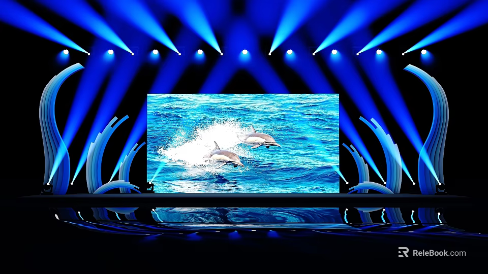 Stage Featuring Large Screen Showing Dolphins In Blue Water With Blue Lights And Curved Decorations 3d model 