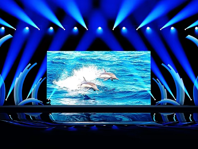 Stage Featuring Large Screen Showing Dolphins In Blue Water With Blue Lights And Curved Decorations 3d model