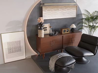Photo Wall Decor With Framed Art Wooden Cabinet Leather Chair And Potted Plant 3d model