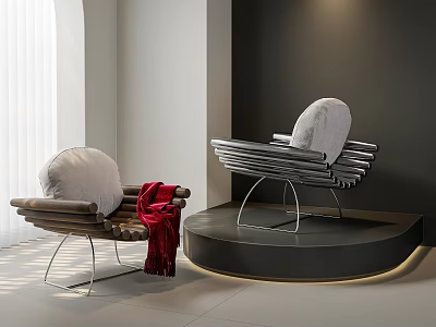 Modern Single Chairs With Wooden Metal Frames White Cushion Red Throw Blanket on Black Platform 3d model