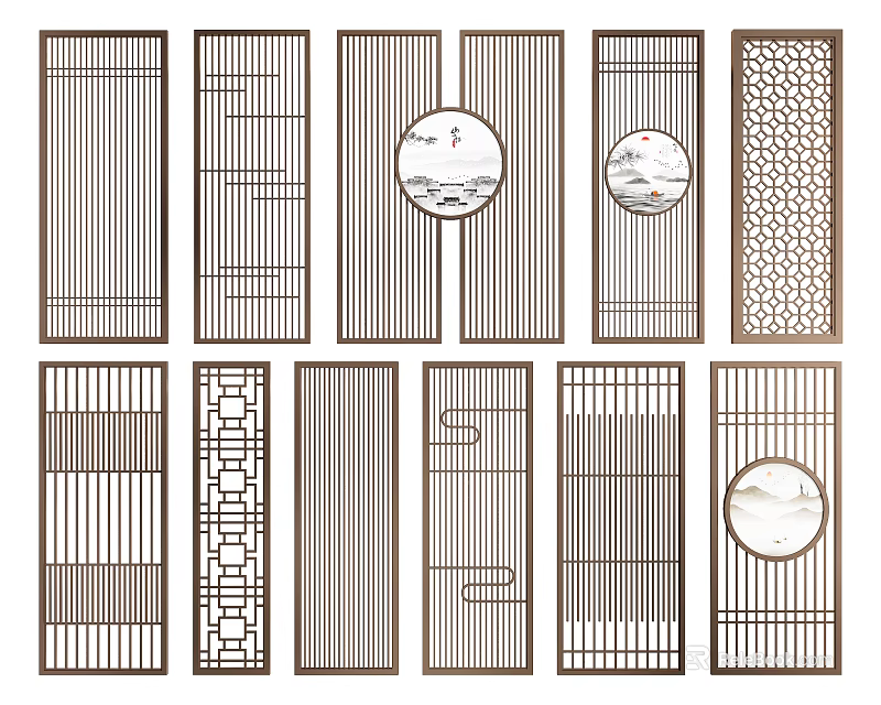 Modern Decorative Room Dividers With Geometric Grilles And Circular Patterns 3d model