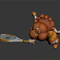 Little Girl with Orange Pigtails Running Holding Tennis Racket in Yellow Orange Dress