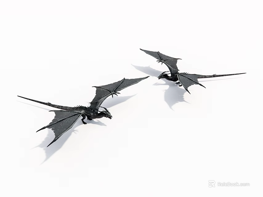 Two Black Dragon Figurines With Spread Wings On White Background 3d model 