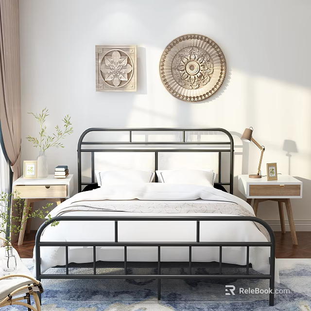 Modern Double Bed With Black Metal Frame White Bedding Bedside Lamp And Decorative Wall Art 3d model 