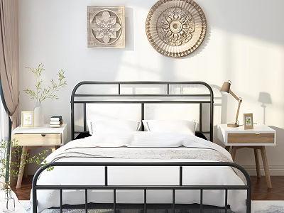 Modern Double Bed With Black Metal Frame White Bedding Bedside Lamp And Decorative Wall Art 3d model