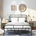 Modern Double Bed With Black Metal Frame White Bedding Bedside Lamp And Decorative Wall Art