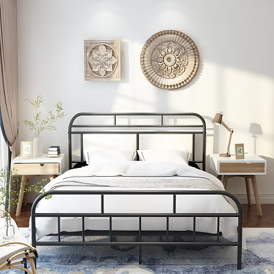 Modern Double Bed With Black Metal Frame White Bedding Bedside Lamp And Decorative Wall Art 3d model