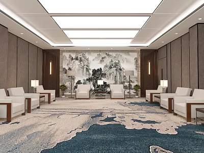Elegant Luxury Reception Room With White Sofas Blue And White Carpet Landscape Painting 3d model