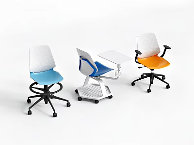 Single Office Task Chairs with Blue Orange White Colors Swivel Wheels Armrests Modern Design 3d model