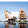Modern Wooden House on Water with Reflection and White Roof Open Balcony Design