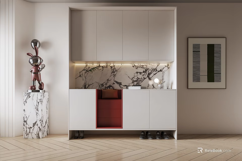 Modern White Shoe Cabinet With Marble Backsplash Red Accent And Shoes Storage 3d model 