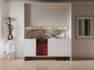 Modern White Shoe Cabinet With Marble Backsplash Red Accent And Shoes Storage 3d model