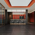Modern Hotel Lobby Interior With Decorative Screen Staircase Orange Lighting And Dark Flooring