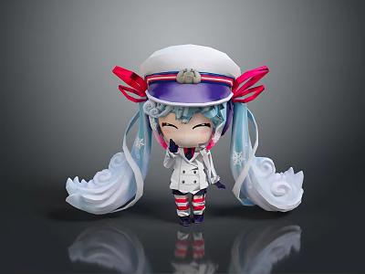 Cute Cartoon Creature Character With White Hat Red Bow And Blue Purple Hair 3d model