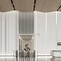 Modern Front Desk Lobby With White Walls Wooden Ceiling Large Windows And Black Marble Floors