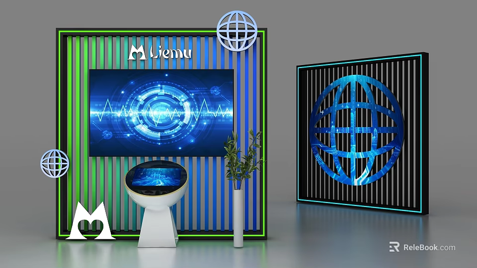 Blue Tech Inspired Background Wall With Vertical Stripes Globe Motif Display Screen And Lienu Logo 3d model 