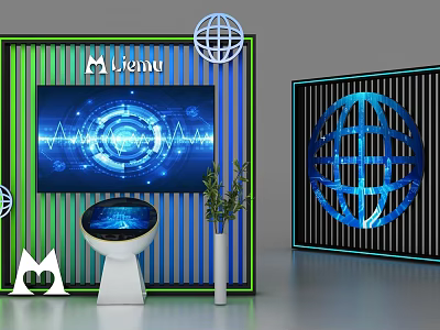 Blue Tech Inspired Background Wall With Vertical Stripes Globe Motif Display Screen And Lienu Logo 3d model