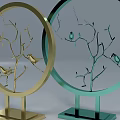 Ornament Decoration Set with Circular Frames Branch Bird Designs Gold and Green