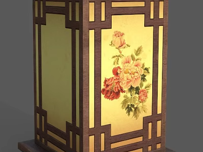 Chinese Style Wooden Lantern With Geometric Lattice Frame Golden Background And Floral Pattern 3d model