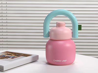 CHOKO LAB Pink Cup With Light Blue Handle And Lid On White Table Near Magazine And Window Blinds 3d model