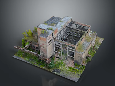 Abandoned Ruined Old Industrial Factory Building Structure With Exposed Frames Overgrown With Lush Green Vegetation 3d model