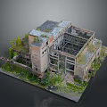 Abandoned Ruined Old Industrial Factory Building Structure With Exposed Frames Overgrown With Lush Green Vegetation