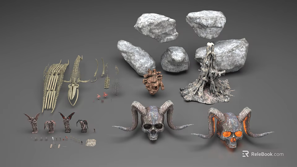 Decorative Collection of Various Rocks Horned Skulls and Skeleton Ornaments 3d model 