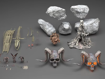 Decorative Collection of Various Rocks Horned Skulls and Skeleton Ornaments 3d model