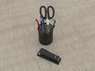 Mesh Pen Holder With Scissors Red Blue Black Pens And Stapler On Light Wooden Desktop 3d model