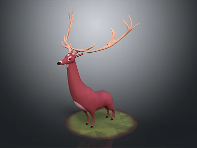 Red Deer with Large Antlers 3D Model Standing on Green Base Against Dark Background 3d model