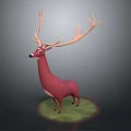 Red Deer with Large Antlers 3D Model Standing on Green Base Against Dark Background