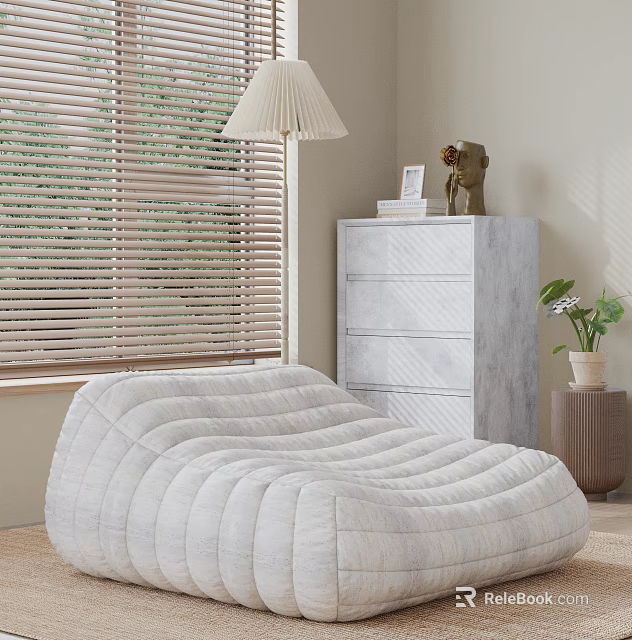 White Quilted Bean Bag Chair in Modern Room with Window Blinds Table Lamp and Dresser 3d model 