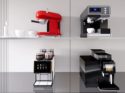 Modern Kitchen Appliances Featuring Red And Black Coffee Machines On Display Shelves 3d model